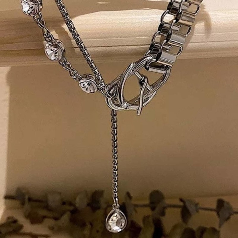 WHITE GOLD PLATED BUCKLE PUNK CHAIN RHINESTONE DROP CHOKER NECKLACE - Picture 6 of 9